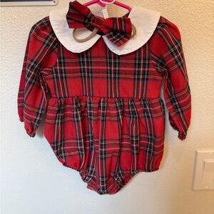Red Plaid Baby Romper with Headband Bow